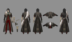  1boy ascot black_coat black_gloves black_hair black_shoes clawed_gauntlets closed_mouth coat concept_art dress_shoes facing_away facing_viewer final_fantasy final_fantasy_vii final_fantasy_vii:_ever_crisis formal_clothes full_body fur_trim glasses gloves green_ascot grey_background hair_over_one_eye highres holster long_hair male_focus multiple_views official_alternate_costume official_art pants red_eyes red_pants red_vest shirt shoes snowflake_brooch solo standing thigh_holster vest vincent_valentine_(holiday_formal_wear) waistcoat white_shirt 