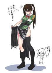  1girl black_gloves black_thighhighs bow bowtie brown_hairband commentary_request elbow_gloves full_body gloves green_jacket hairband highres jacket kantai_collection military_uniform multiple_views pelvic_curtain red_bow red_bowtie shaded_face shi_ba_1 simple_background single_elbow_glove single_thighhigh thigh-highs tone_(kancolle) tone_kai_ni_(kancolle) translation_request twintails wet wet_clothes white_background 