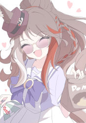  1girl absurdres animal_ears arnolddayo bag bow bowtie braid breasts brown_hair closed_eyes doughnut ears_through_headwear facing_viewer fedora food forever_young_(umamusume) hat heart highres holding holding_bag horse_ears horse_girl large_breasts long_hair multicolored_hair open_mouth pleated_skirt puffy_short_sleeves puffy_sleeves purple_bow purple_bowtie purple_shirt red-tinted_eyewear red_streaks sailor_collar sailor_shirt school_uniform shirt short_sleeves skirt smile solo streaked_hair sunglasses tinted_eyewear tracen_school_uniform umamusume white_sailor_collar white_skirt white_streaks 