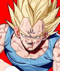  1boy battle_damage blonde_hair blue_bodysuit bodysuit dougi dragon_ball dragon_ball_z facial_mark forehead_mark highres majin_vegeta male_focus muscular muscular_male smile solo spiky_hair super_saiyan super_saiyan_1 tty114514191981 vegeta veiny_pectorals 
