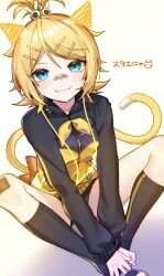  1girl :3 animal_ears bandaid bandaid_on_face bandaid_on_nose black_buruma blonde_hair blue_eyes breasts buruma butterfly_sitting cat_ears cat_tail commentary_request fangs highres jacket kagamine_rin kagamine_rin_(stylish_energy) looking_at_viewer multicolored_jacket shoes short_hair simple_background sitting small_breasts soramame_pikuto tail track_jacket two-tone_jacket uwabaki vocaloid white_background yellow_jacket yellow_nails 
