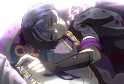  1boy 1girl armor bag black_hair black_kimono black_sleeves blunt_ends boy_on_top chinese_knot closed_mouth commentary_request electro_symbol_(genshin_impact) expressionless eyeliner fingernails genshin_impact gnosis_(genshin_impact) gold hair_between_eyes highres japanese_armor japanese_clothes jewelry juban kimono kote kurokote layered_sleeves looking_past_viewer lying_on_person makeup mitsudomoe_(shape) mother_and_child mother_and_son neck_ring obi parent_and_child purple_bag purple_kimono purple_rope purple_sash purple_sleeves raiden_shogun rain red_eyeliner red_kimono rope sash scaramouche_(genshin_impact) shimenawa short_sleeves single_sode squinting tomato315315 tomoe_(symbol) violet_eyes white_kimono white_rope 