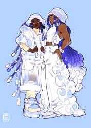  2boys beads blue_background blue_hair closed_mouth dark-skinned_male dark_skin drawstring dreadlocks earrings full_body hair_beads hair_ornament hands_on_own_hips highres hoop_earrings japhers jewelry long_hair male_focus multiple_boys navel_piercing original pants parted_lips pectorals piercing platform_shoes see-through_clothes see-through_pants shoes sidepec very_long_hair 