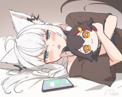  1girl alternate_costume animal_ear_fluff animal_ears black_shirt blue_eyes cellphone commentary doll fox_ears fox_girl fox_tail grey_background highres hololive lying mia960 on_bed ookami_mio ookami_mio_(1st_costume) open_mouth phone shirakami_fubuki shirt simple_background smartphone solo tail upper_body wolf_ears 