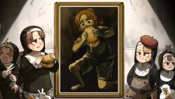  4girls absurdres baby_animal beret bird blonde_hair brown_eyes brown_hair burger cat chicken closed_eyes clumsy_nun_(diva) diva_(hyxpk) duck duckling eating english_commentary fine_art_parody food frog froggy_nun_(diva) hat highres hungry_nun_(diva) laughing little_nuns_(diva) multiple_girls nose_bubble nun paintbrush parody pointing red_hat red_star saturn_devouring_his_son spicy_nun_(diva) star_(symbol) traditional_nun yellow_eyes 