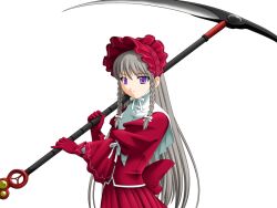  1girl 2000s_(style) bonnet bow braid closed_mouth dress expressionless game_asset gloves grey_hair holding holding_scythe holding_weapon kourin_tenshi_en_ciel_rena large_variant_set lilix lolita_fashion long_hair long_sleeves looking_at_viewer non-web_source official_art over_shoulder red_dress red_gloves ribbon saitou_natsuki scythe self-datamine simple_background solo tachi-e transparent_background twin_braids variant_set very_long_hair violet_eyes weapon 