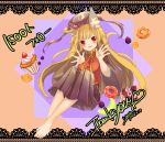  1girl animal_ears barefoot black_dress blonde_hair blush breasts commentary_request cupcake doughnut dress eyebrows eyebrows_visible_through_hair floating food fox_ears fruit grapes hands_up hat highres junko_(touhou) legs long_hair long_sleeves looking_at_viewer open_hands open_mouth orange orange_background orange_slice purple_background red_eyes ribbon smile solo sprinkles tabard taut_clothes touhou two-tone_background varyu very_long_hair wide_sleeves 