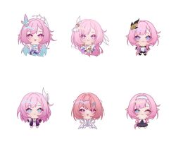  6+girls ;) aqua_hair black_skirt blue_eyes chibi chibi_only coat color_connection commentary company_connection corset cyrene_(demiurge)_(honkai:_star_rail) cyrene_(honkai:_star_rail) cyrene_(philia093)_(honkai:_star_rail) dress dual_persona elf elysia_(golden_courtyard)_(honkai_impact) elysia_(herrscher_of_human:_ego)_(honkai_impact) elysia_(honkai_impact) elysia_(miss_pink_elf)_(honkai_impact) flower hair_color_connection hair_flower hair_ornament honkai:_star_rail honkai_(series) honkai_impact_3rd inoue_marina long_hair mihoyo multicolored_hair multiple_girls multiple_persona official_alternate_costume one_eye_closed pink_hair pointy_ears purple_coat remielle_dan rin_(bakariiin) shirt simple_background skirt smile two-tone_hair untranslatable_commentary veil very_long_hair violet_eyes voice_actor_connection white_background white_corset white_dress white_hair white_shirt white_veil yanning zenless_zone_zero 