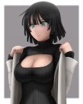  1girl artist_request black_hair blush breasts cleavage cleavage_cutout female fubuki_(one-punch_man) green_eyes highres jacket large_breasts one-punch_man open-chest_sweater open_clothes open_jacket ribbed_sweater short_hair simple_background siraha solo sweatdrop sweater turtleneck 