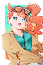 1girl aqua_eyes aqua_shirt black-framed_eyewear breasts brown_coat coat collarbone denim eyewear_on_head hair_ornament heart heart_hair_ornament highres jeans medium_breasts open_mouth orange-tinted_eyewear orange_hair pants pokemon pokemon_sword_and_shield ribbed_shirt shirt shizuki_(xrha5228) side_ponytail side_ponytail_with_hair_base smile solo sonia_(pokemon) sunglasses swept_bangs tinted_eyewear upper_body v-neck 