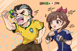  >_< 1boy 1girl 2026_fifa_world_cup :d ? ?? black_hair blue_shirt bow brazilian_flag brazilian_national_soccer_team_uniform brown_eyes brown_hair brown_pants can character_name confetti cuffs drink_can english_text facial_hair flag flower hair_bow hair_flower hair_ornament hayde_ink holding holding_can holding_flag japanese_flag japanese_national_soccer_team_uniform mr._duncan_(reverse:1999) multicolored_hair mustache old old_man open_mouth orange_background pants pink_flower red_bow reverse:1999 satsuki_(reverse:1999) shirt short_hair short_sleeves smile soccer_uniform sportswear streaked_hair sweat teeth upper_body white_hair world_cup wrist_chain yellow_shirt 