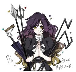  1girl bishamonten's_spear black_dress blonde_hair breasts closed_mouth closed_umbrella commentary_request cross-laced_clothes cross-laced_dress dated dowsing_rod dress gradient_hair heart highres hijiri_byakuren hishaku karakasa_obake large_breasts layered_dress liver017 long_hair looking_at_viewer multicolored_hair own_hands_together palms_together polearm purple_hair purple_umbrella smile solo touhou translation_request trident umbrella upper_body weapon white_dress yellow_eyes 