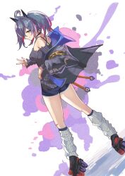  1girl absurdres ahoge back black_choker black_hoodie black_pants choker grey_hair hair_ornament hair_over_one_eye highres hood hoodie koshian_(taiyaki) looking_at_viewer looking_back loose_socks melty_(puzzle_&amp;_dragons) multicolored_hair orange_eyes pants purple_hair puzzle_&amp;_dragons red_hair roller_skates skates socks solo standing twintails w 