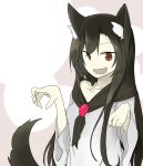  1girl animal_ears breasts brooch brown_hair dress fang imaizumi_kagerou jewelry long_hair long_sleeves looking_at_viewer open_mouth paw_pose red_eyes smile solo tail touhou tyouseki wide_sleeves wolf_ears wolf_tail 