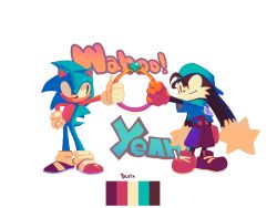  2boys blue_shirt blue_shorts closed_mouth color_guide commentary_request english_text full_body furry furry_male gloves hand_on_own_hip highres holding holding_jewelry holding_ring jewelry kaze_no_klonoa klonoa looking_at_viewer male_focus multiple_boys png_porkin portuguese_commentary ring shirt shorts smile sonic_(series) sonic_the_hedgehog sound_effects white_background white_gloves yellow_gloves 