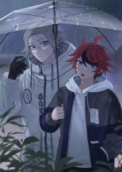  2boys ahoge aotsuki_eito black_gloves black_jacket black_streaks blue_eyes commentary_request glasses gloves grey_hair grey_jacket hand_in_pocket highres holding holding_umbrella hood hoodie jacket jacket_over_hoodie looking_at_viewer male_focus multicolored_hair multicolored_jacket multiple_boys open_clothes open_jacket open_mouth outdoors rain red_hair seiran_yoroz shared_umbrella short_hair streaked_hair sumino_takumi the_hundred_line_-last_defense_academy- two-tone_hair two-tone_jacket umbrella violet_eyes white_hoodie white_jacket 