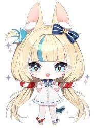  +_+ 1girl :3 :d absurdres ahoge animal_ear_fluff animal_ears ankle_bow blonde_hair blue_bow blue_eyes blue_nails blue_neckerchief blue_sailor_collar blue_streaks blunt_bangs bow cat_ears chibi chibi_only clenched_hands commentary dress excited fins fish_girl fish_tail flat_chest frilled_dress frilled_sailor_collar frills full_body gwi_dong_nyang hair_bow hair_ornament halterneck hands_up highres indie_virtual_youtuber lifebuoy_anklet lifebuoy_hair_ornament light_blush long_hair looking_at_viewer low_twintails multicolored_hair neckerchief one_side_up open_mouth paper_boat platform_sandals sailor_collar sailor_dress sameko_saba sameko_saba_(1st_costume) sandals scrunchie simple_background sleeveless sleeveless_dress smile sparkle straight-on streaked_hair striped_bow striped_clothes tail tail_wagging twintails two-tone_bow untranslatable_commentary v-shaped_eyebrows very_long_hair virtual_youtuber white_background white_dress white_streaks wrist_scrunchie 