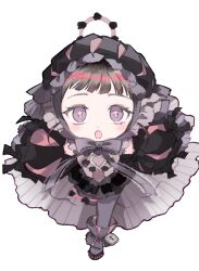  1girl black_bow black_bowtie black_pantyhose blush bow bowtie detached_sleeves dress frilled_dress frilled_hat frills hat highres hime_cut locker lolita_fashion looking_at_viewer magical_girl mahou_shoujo_ikusei_keikaku mahou_shoujo_ikusei_keikaku_double_shadow multicolored_hair official_art open_mouth pantyhose puffy_sleeves shoes short_hair third-party_source violet_eyes zipstep 