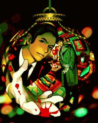  2boys ayabe_kazuya balloon black_jacket blood carpet christmas_ornaments closed_mouth collared_shirt confetti corpse dithering facial_hair flower_pot gloves green_jacket hair_slicked_back heart_balloon highres jacket judge_eyes kuroiwa_mitsuru limited_palette looking_at_viewer male_focus mature_male multiple_boys pants picture_frame ryuu_ga_gotoku_(series) shirt stubble white_gloves white_shirt zain 