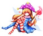  1girl american_flag_legwear american_flag_shirt blonde_hair clownpiece fairy_wings full_body hat jester_cap long_hair mayo_(mayomr29) pantyhose short_sleeves solo star tongue tongue_out torch touhou very_long_hair violet_eyes wings 