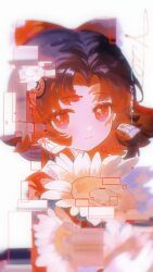  1girl absurdres black_hair bouquet bow chinese_commentary closed_mouth commentary_request curtained_hair earrings film_grain flower genderswap genderswap_(mtf) gradient_hair hair_bow highres japanese_clothes jewelry kimetsu_no_yaiba kimono multicolored_hair parted_bangs red_bow red_eyes red_hair red_kimono smile solo tangqinchen tsugikuni_yoriichi two-tone_hair upper_body 