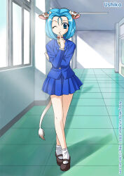  1girl :o animal_ears arm_across_chest artist_name bell black_shoes blue_eyes blue_hair blue_jacket blue_skirt bob_cut character_name commentary commission cow_ears cow_girl cow_horns cow_tail cowbell crossed_ankles dated day english_commentary finger_to_mouth full_body hallway hand_up horns indoors jacket miniskirt neck_bell official_art one_eye_closed pointing pointing_up promotional_art school school_uniform shoes short_hair skirt small_horns socks solo standing tail ushicon ushiko_(ushicon) white_socks wing_yun_man 