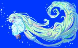  1girl absurdly_long_hair antlers blonde_hair blue_background capelet closed_eyes commentary_request deer_antlers deer_girl deltarune fetal_position from_side full_body highres hooves horns imsong korean_commentary long_hair noelle_holiday noelle_holiday_(dark_world) robe solo utdr_(toby_fox) very_long_hair white_capelet white_robe 