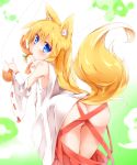  1girl aburaage animal_ears ass bent_over blonde_hair blue_eyes blush detached_sleeves food fox fox_ears fox_tail from_behind hakama hakama_pull japanese_clothes leaning_forward long_hair looking_at_viewer looking_back miko mouth_hold no_panties original rinrin_(927413) solo tail undressing 