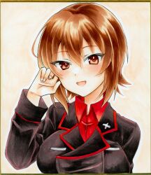  1girl airi_(akamichiaika) black_jacket blush breasts brown_eyes brown_hair cross girls_und_panzer highres iron_cross jacket kuromorimine_military_uniform large_breasts marker_(medium) military military_jacket military_uniform nishizumi_maho open_mouth pink_background red_shirt shirt short_hair simple_background smile solo traditional_media upper_body 