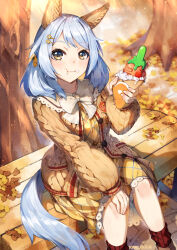  1girl absurdres animal_ears autumn_leaves blush bow brown_cardigan brown_eyes cardigan commentary_request crepe dress ear_covers eating food grey_hair hair_ornament hairclip highres hishi_miracle_(happy_little_notes)_(umamusume) hishi_miracle_(umamusume) holding holding_crepe holding_food horse_ears horse_girl horse_tail knit_sweater kyouko_kasa leaf long_sleeves looking_at_viewer low_twintails on_bench open_clothes outdoors plaid_clothes plaid_dress ribbed_socks shoes sitting socks solo tail tree twintails umamusume white_bow 