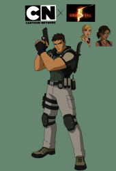  1boy 2girls bulletproof_vest cartoon_network chest_holster chris_redfield dark-skinned_female dark_skin gun highres holding holding_gun holding_weapon holster jill_valentine knife_sheath male_focus multiple_girls muscular muscular_male resident_evil resident_evil_5 sheath sheva_alomar toon_(style) weapon 