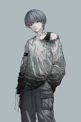  1boy absurdres calyx_(ff14) cargo_pants commentary_request cowboy_shot final_fantasy final_fantasy_xiv frown gradient_sweater grey_background grey_eyes grey_hair grey_pants hand_in_pocket highres jjonaeng korean_commentary looking_at_viewer male_focus pants short_hair simple_background single_off_shoulder sleeves_past_fingers sleeves_past_wrists solo 