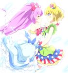  2girls arms_around_neck bare_shoulders blonde_hair blue_eyes blush bow closed_eyes dress hair_bow kurono_yuzuko long_hair magical_girl manaka_lala minami_mirei multiple_girls pink_hair pripara ribbon shirt short_hair skirt sleeveless sleeveless_dress smile very_long_hair white_dress wrist_ribbon yuri 