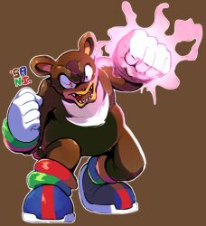  1boy angry animal_ears artist_name bear_boy bear_ears bearenger_the_grizzly brown_background brown_fur clenched_hands english_commentary fangs furry furry_male glowing glowing_eyes highres inktober male_focus open_mouth sanikink sonic_(series) wide-eyed 