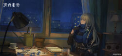  1girl adjusting_scarf bare_tree bkornblume black_dress black_gloves blue_eyes blue_flower blue_scarf blue_sky building copyright_name copyright_notice cornflower cup curtains desk_lamp dress flower flower_pot from_side gloves grey_hair hand_up highres indoors lamp logo long_hair looking_up night notebook official_art official_wallpaper pen radio reverse:1999 saucer scarf sitting sky smile solo table teacup tree upper_body watering_can window 