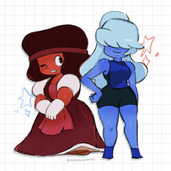  2girls afro alternate_costume antenna0203 blue_hair blue_skin colored_skin commentary_request cosplay costume_switch dress gem_(steven_universe) grin hair_over_eyes headband highres lips multiple_girls one_eye_closed red_skin ruby_(steven_universe) sapphire_(steven_universe) shorts smile steven_universe wide_hips 