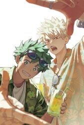  2boys arm_up bakugou_katsuki black-framed_eyewear blonde_hair boku_no_hero_academia collared_shirt commentary_request cup double-parted_bangs drink drinking_straw eyewear_on_head floral_print glass green_eyes green_hair green_shirt grin hawaiian_shirt highres holding holding_cup jewelry korean_commentary male_focus midoriya_izuku multiple_boys multiple_scars necklace open_clothes open_mouth open_shirt outstretched_arm print_shirt red_eyes ring scar scar_on_cheek scar_on_face scar_on_hand shirt simple_background smile spiky_hair sunglasses teeth unworn_eyewear upper_body v-shaped_eyebrows white_background wing_collar yeol2510 