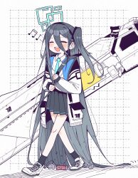  1girl absurdly_long_hair aqua_halo aris_(blue_archive) beamed_sixteenth_notes black_hair black_skirt blue_archive blue_necktie blush closed_eyes commentary eighth_note full_body hair_between_eyes halo highres jacket ken_(houndscombat) long_hair long_hair_between_eyes long_sleeves millennium_science_school_logo multicolored_jacket musical_note necktie one_side_up open_mouth pleated_skirt railgun rectangular_halo shirt singing skirt smile solo teeth two-tone_jacket upper_teeth_only very_long_hair walking white_shirt 