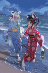  2girls :d ahoge animal_ears aqua_eyes barefoot beach black_hair blue_kimono braid commentary_request double-parted_bangs floral_print floral_print_kimono flower fox_ears fox_girl fox_tail full_body hair_between_eyes hair_flower hair_ornament highres holding holding_hands hololive japanese_clothes kimono looking_at_another multicolored_hair multiple_girls night obi ookami_mio open_mouth outdoors partial_commentary pentagram ponytail print_kimono red_kimono red_streaks sash shirakami_fubuki short_hair side_braid single_hair_streak smile streaked_hair tail toes torokko virtual_youtuber white_hair wolf_ears wolf_girl yellow_eyes yukata yuri 