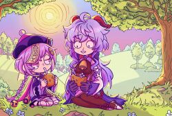  2girls absurdres ahoge bazukat_art bead_necklace beads bell blue_hair braid breasts bush coconut coconut_cup coin_hair_ornament drink drinking drinking_straw fruit_as_cup ganyu_(genshin_impact) genshin_impact goat_horns grass grin hair_ornament half-closed_eyes hat highres hill holding holding_drink horns jewelry jiangshi long_hair multiple_girls neck_bell necklace ofuda purple_hair purple_hat purple_robe qingdai_guanmao qiqi_(genshin_impact) robe sitting smile sun teeth thigh-highs toon_(style) tree 