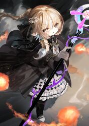  1girl absurdres black_boots black_robe blonde_hair boots bow dress drill_hair drill_ponytail earrings final_fantasy final_fantasy_xiv fireball fishnet_gloves fishnets full_body gloves hair_bow highres holding holding_staff jewelry lalafell long_hair mage_staff multicolored_boots necklace pointy_ears robe shikina_(mochigushi_) signature skirt solo staff two-tone_boots warrior_of_light_(ff14) white_boots white_dress white_skirt 