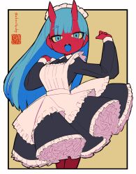  1girl absurdres apron artist_logo black_dress blue_eyes blue_hair blue_tongue colored_sclera colored_skin colored_tongue dress highres horns iwako_(eiken3kyuboy) logo long_hair maid maid_apron maid_headdress monster_girl oni open_mouth original petticoat red_skin skin-covered_horns teeth twitter_username upper_teeth_only yellow_background yellow_sclera 