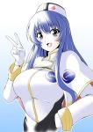  1girl 8000 :d blue_eyes blue_hair breasts female gloves hand_on_hip jpeg_artifacts kidou_senkan_nadesico large_breasts long_hair looking_at_viewer misumaru_yurika open_mouth simple_background smile solo uniform v white_gloves 