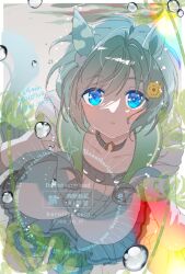  1girl animal_ears blue_eyes blush breasts brown_choker choker collarbone ear_covers flower green_shorts grey_hair hair_between_eyes hair_flower hair_ornament hairclip horse_ears horse_girl horse_tail koruri looking_at_viewer parted_lips seiun_sky_(umamusume) shirt short_hair shorts single_ear_cover small_breasts solo sunflower sunflower_hair_ornament tail umamusume underwater 