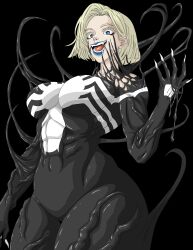  4sdasfacksas absurdres alien black_background blonde_hair blue_eyes blue_lips breasts corruption dark_persona emma_frost english_commentary evil_smile highres large_breasts lipstick makeup marvel marvel_rivals open_mouth possessed simple_background smile spider-man_(series) symbiote tentacles venom_(marvel) x-men 