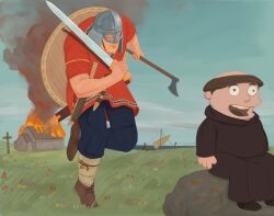2026_fifa_world_cup 2boys axe battle_axe blonde_beard blonde_hair brown_hair burning burning_building church cross erling_haaland grass helmet highres lukeisamazing meme monk multiple_boys parody ralph_wiggum real_life shield sword the_simpsons viking weapon world_cup