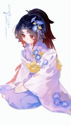  1girl absurdres black_hair chinese_commentary closed_mouth commentary_request curtained_hair eyelashes film_grain floral_print flower full_body genderswap genderswap_(mtf) gradient_hair hair_flower hair_ornament hands_on_lap haori highres japanese_clothes kanzashi kimetsu_no_yaiba kimono long_hair long_sleeves morning_glory multicolored_hair obi obi_bow parted_bangs ponytail purple_kimono red_eyes red_hair sash seiza signature simple_background sitting solo tangqinchen tsugikuni_michikatsu two-tone_hair white_background white_haori wide_sleeves yellow_sash 