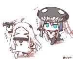  &gt;_&lt; 2girls ahoge airplane aqua_eyes cape chibi closed_eyes covered_mouth dress enemy_aircraft_(kantai_collection) headgear holding horns kantai_collection long_hair mittens multiple_girls northern_ocean_hime rexlent running shinkaisei-kan silver_hair sweat translated white_dress white_hair white_skin wo-class_aircraft_carrier 