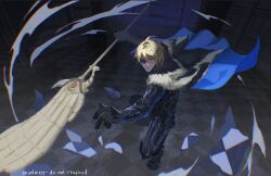  1boy areadbhar_(fire_emblem) armor arms_up black_armor black_fur black_gloves blonde_hair blue_cape blue_eyes cape checkered_floor commentary dimitri_alexandre_blaiddyd dimitri_alexandre_blaiddyd_(timeskip) english_commentary eyepatch faulds fire_emblem fire_emblem:_three_houses floating_cape foreshortening fur_trim gauntlets gloves hair_between_eyes highres holding holding_polearm holding_weapon indoors male_focus mintaiey one_eye_covered outstretched_arms parted_hair parted_lips polearm solo standing watermark weapon white_fur wind 