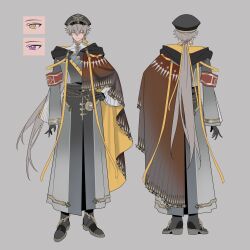  1boy akivili_(honkai:_star_rail) armband belt black_belt black_boots black_gloves black_hat black_tabard boots bright_pupils brown_cape cape chain closed_mouth commentary commission earrings english_commentary eye_focus from_behind full_body gem gloves gold_chain gold_ring gold_trim grey_background grey_hair grey_robe hair_between_eyes hair_ribbon hand_on_own_hip hat highres honkai:_star_rail honkai_(series) hooded_robe jewelry long_hair long_sleeves looking_at_viewer low_ponytail male_focus multiple_views peaked_cap pocket_watch ponytail purple_gem red_armband ribbon robe salmonntan second-party_source shirt simple_background single_earring smile standing tabard very_long_hair violet_eyes watch white_pupils white_shirt wide_sleeves yellow_eyes yellow_ribbon 